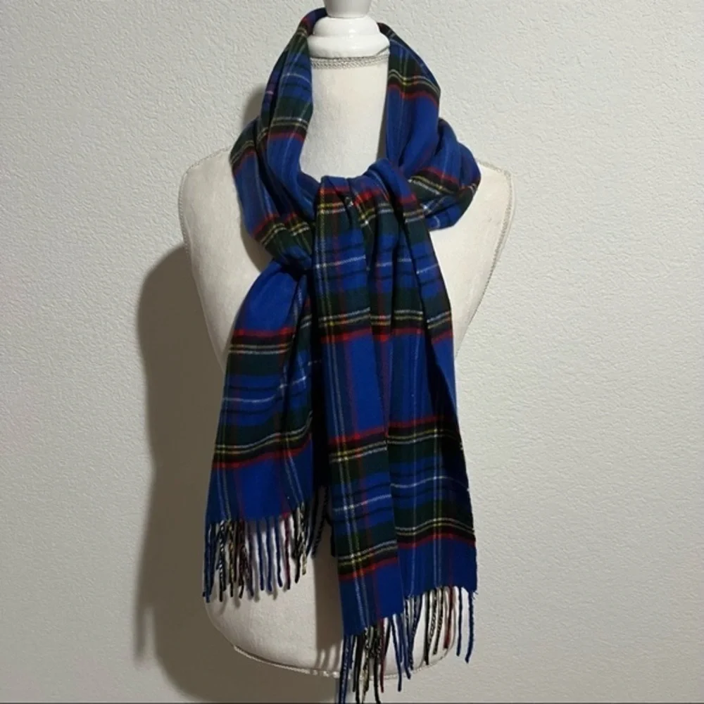 Blue Plaid Tartan Fleece Scarf Extra Long Tassels Fringe Unisex